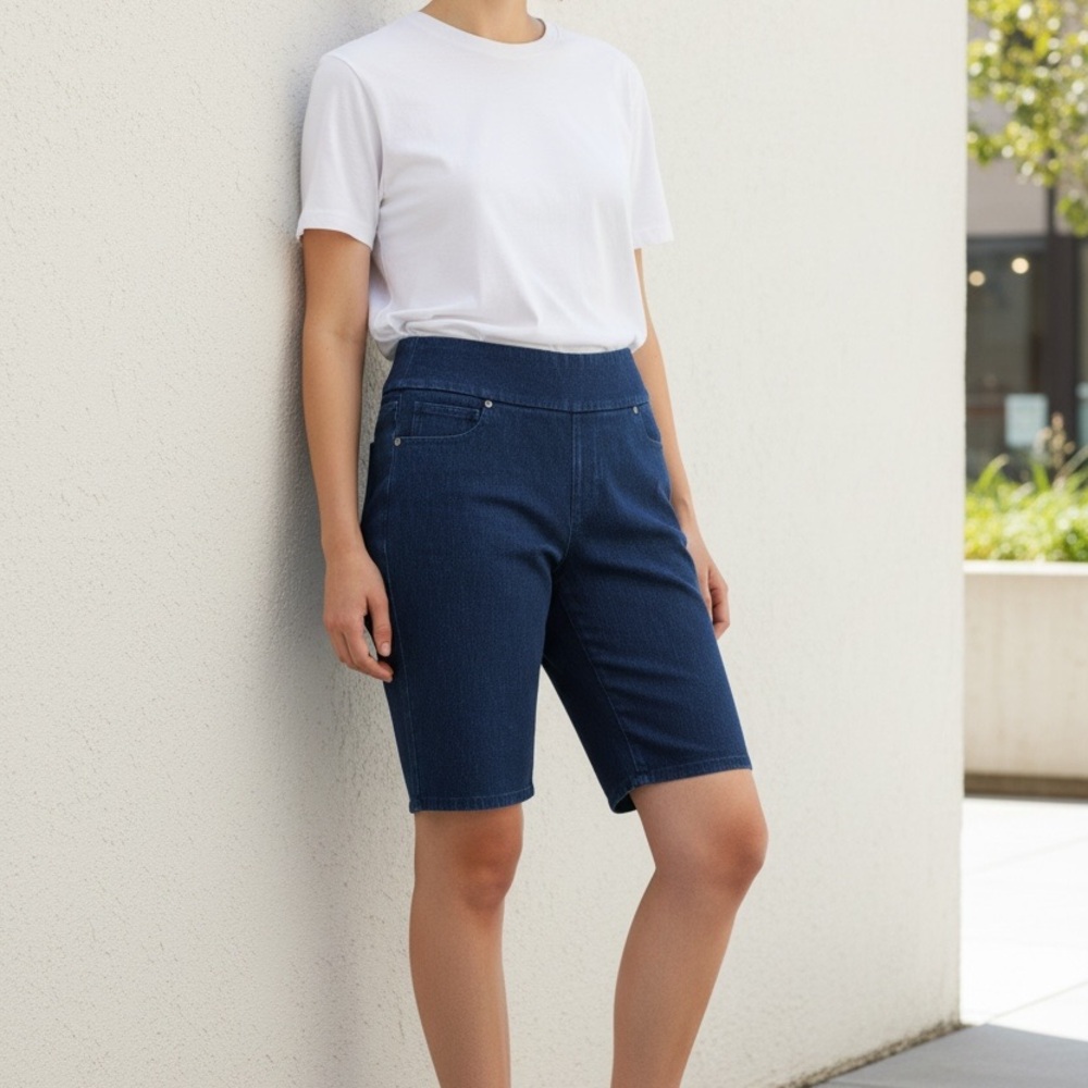 Coldwater Creek Knit Denim Pull-On Bermuda Shorts Size 8 Dark Wash 10" nwot